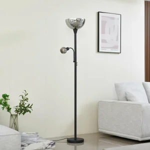 Lindby lampe sur pied Nehemia, noir, verre, liseuse, 185 cm^ Lampes Modernes