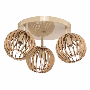 Argon Plafonnier Paz blanc lamelles bois, à 3 lampes^ Lampes Scandinaves